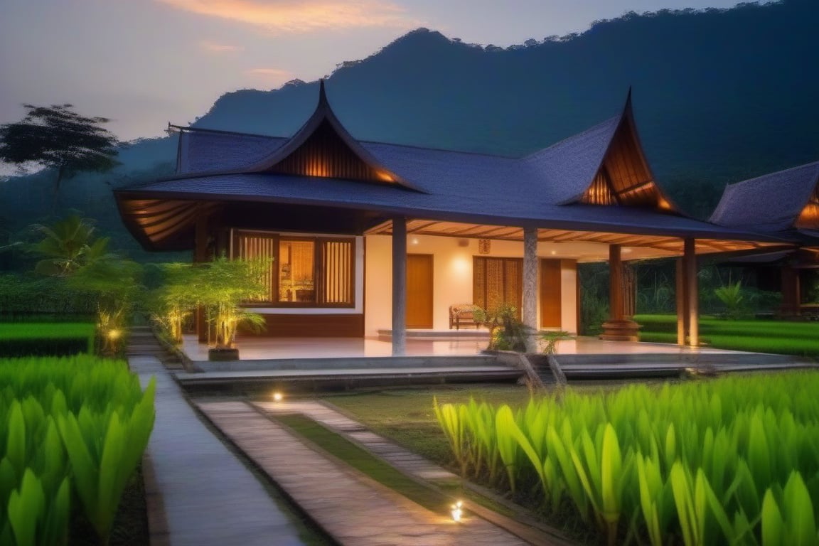 single storey house,
teak wood,
single slope roof,
thai lanna contemporary wooden house, stone driveway, tropical garden,
a small building,
producing many glowing moonlight ores,
in front of rice paddy,
mango tree,
Thai girl in traditional lanna dress,
mountains in distant background,photo r3al