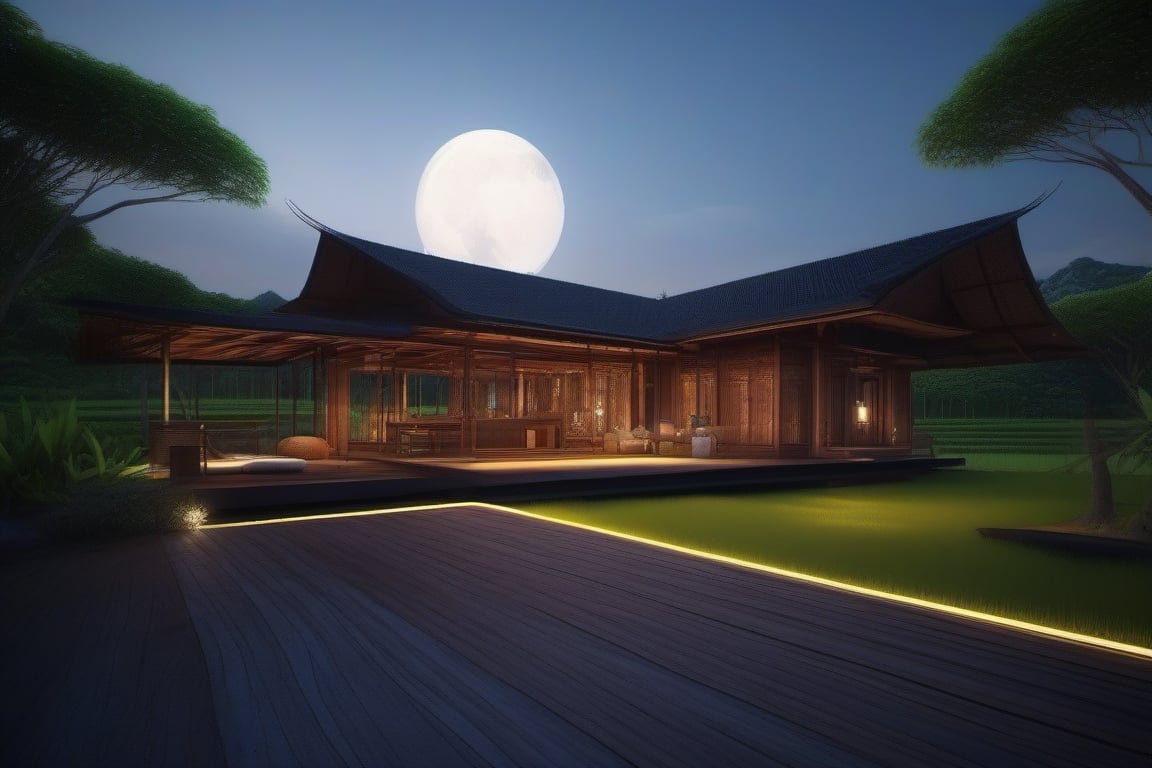 single storey house,
teak wood,
single slope roof,
thai lanna contemporary wooden house, stone driveway,
a small building,
producing many glowing moonlight ores,
HZ Steampunk,
in front of rice paddy,
mountains in distant background,HZ Steampunk