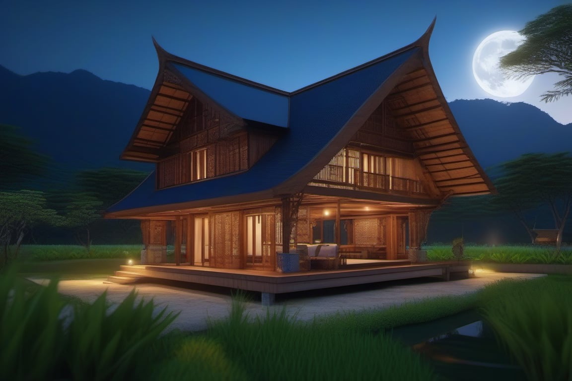 double storey house,
teak wood,
single slope roof,
thai lanna contemporary wooden house, stone driveway,
,a small building,
producing many glowing moonlight ores,
HZ Steampunk,
in front of rice paddy,
mountains in distant background,