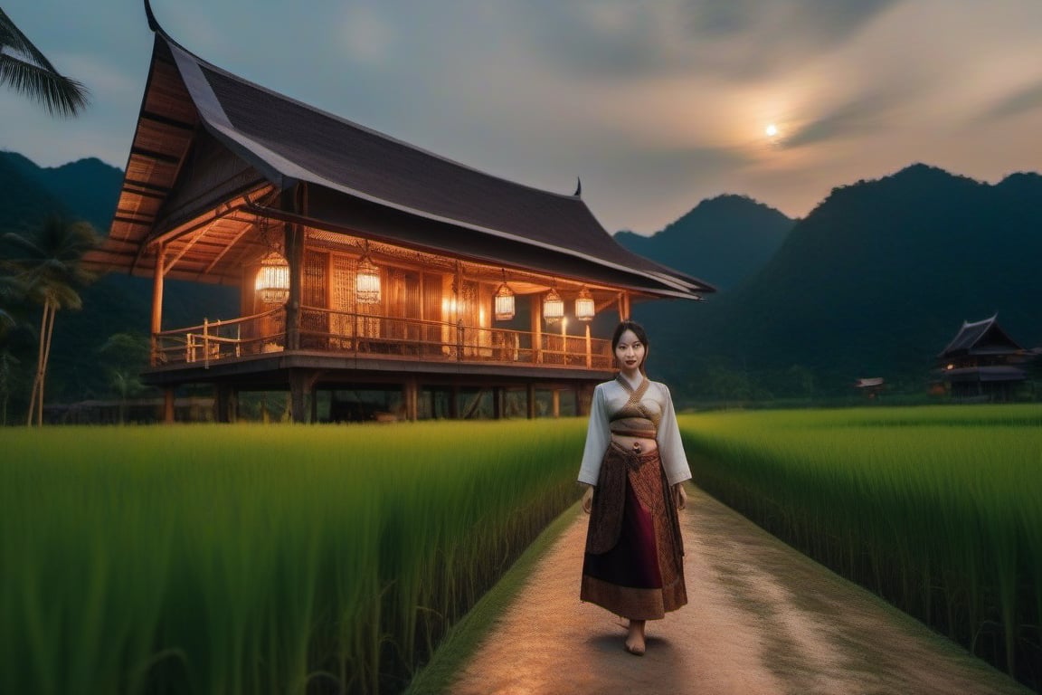 single storey house,
teak wood,
single slope roof,
thai lanna contemporary wooden house, stone driveway,
a small building,
producing many glowing moonlight ores,
HZ Steampunk,
in front of rice paddy,
Thai girl in traditional dress
mountains in distant background,HZ Steampunk