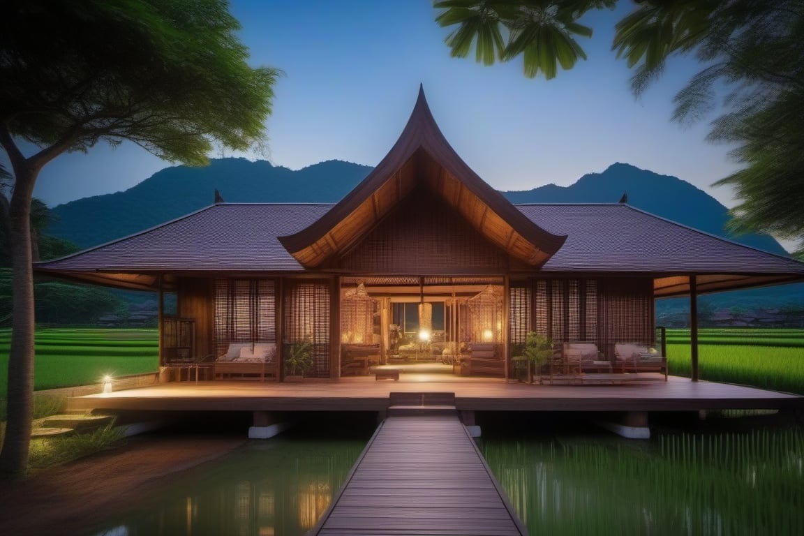 double storey house,
teak wood,
single slope roof,
thai lanna contemporary wooden house, stone driveway,
a small building,
producing many glowing moonlight ores,
HZ Steampunk,
in front of rice paddy,
mountains in distant background,