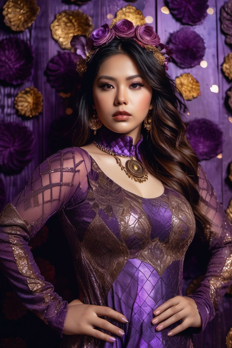 A striking image of a beautifully plump girl with armpits that are adorned with patches of textured, vibrant purple. The girl's clothing is a blend of shimmering patterns and intricate textures, adding a touch of drama to the scene. She wears a simple, classic dress with an intricate pattern, reminiscent of a Victorian era. The background features a well-preserved, rustic barn, with a cozy fireplace and moss-covered walls. standard lens, soft lighting, f/1.8 aperture