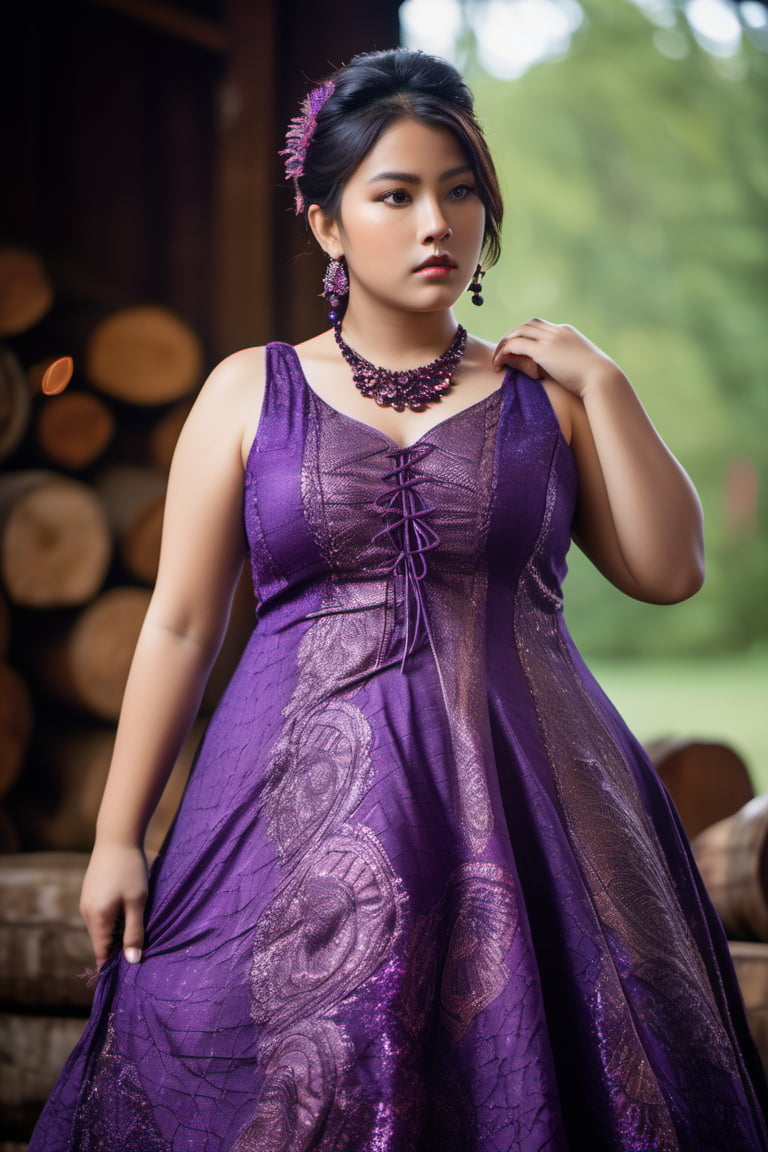 A striking image of a beautifully plump girl with armpits that are adorned with patches of textured, vibrant purple. The girl's clothing is a blend of shimmering patterns and intricate textures, adding a touch of drama to the scene. She wears a simple, classic dress with an intricate pattern, reminiscent of a Victorian era. The background features a well-preserved, rustic barn, with a cozy fireplace and moss-covered walls. standard lens, soft lighting, f/1.8 aperture