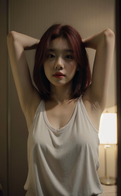 1girl, portrait photography of a gorgeous redhead showing dark plump armpit, small breasts, standing inside hotel room, medium gray hair, attractive, flirting, looking at viewer, detailed skin, highly detailed, diffused soft lighting, hyperrealism, cinematic lighting