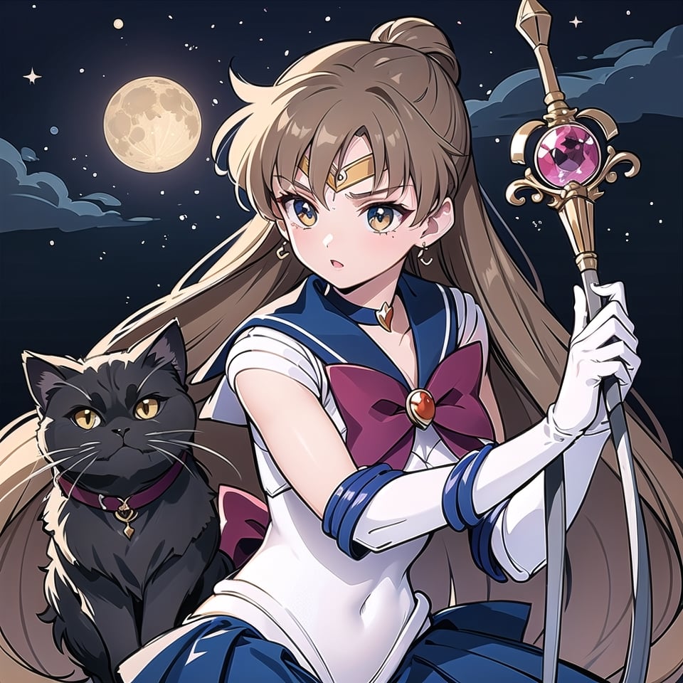 Sailor Moon style, Sailor warrior with long brown hair with a lunar scepter in her hand, accompanied by a black Persian cat 