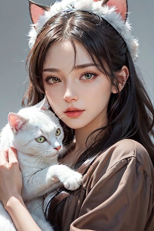 add a cat in the image, puff cat, white and black fur, cat side to side with idea, place the cat to the side of the woman's face, realistic, 1 girl, the solo girl with cat, change the background, women hands place on cat , hugs the cat, hyperrealistic