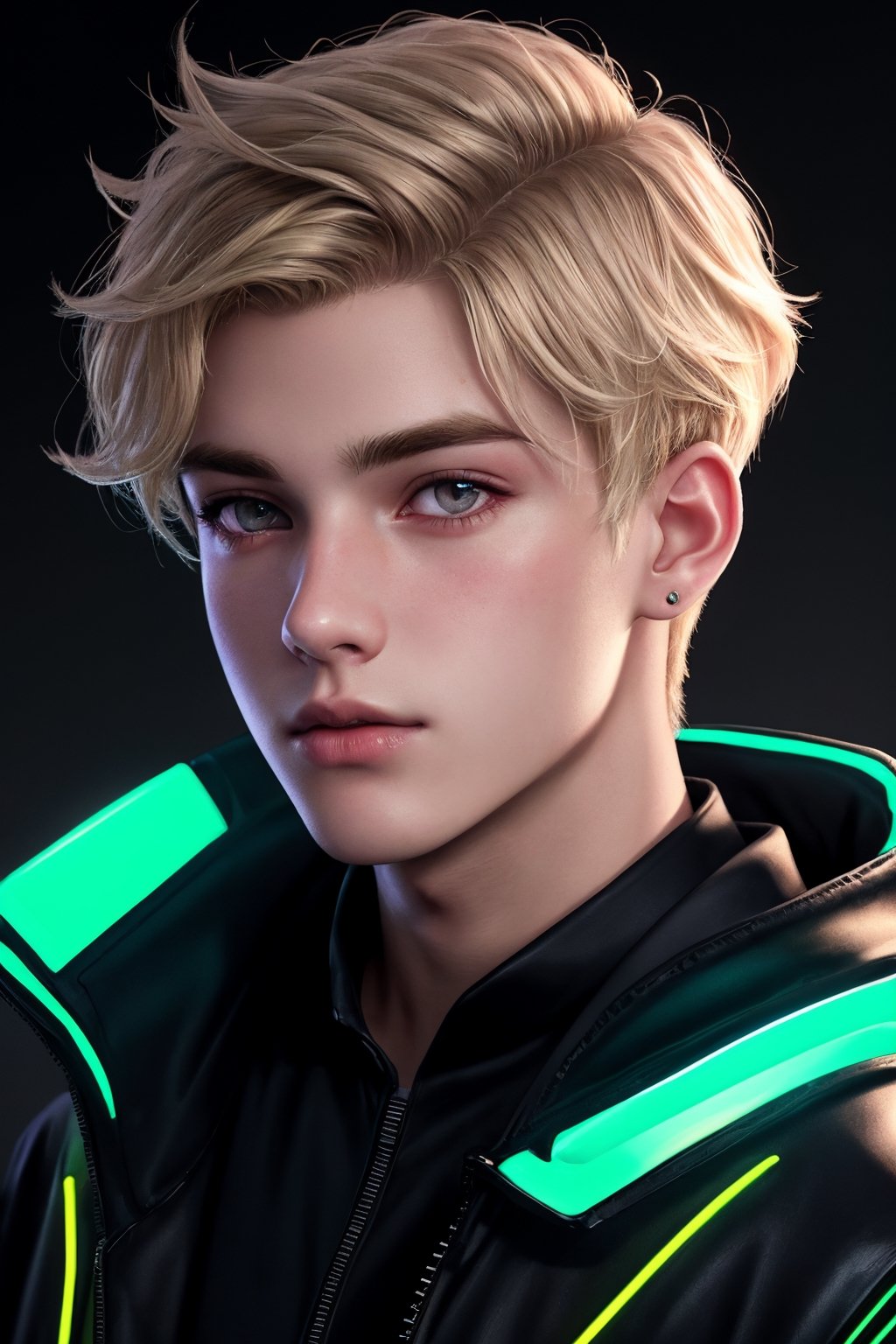 Realistic portrait, (Pale 20-year-old male:1.1), Curly blonde hair, Short sides, Long front, Gray eyes, Stylish black attire, (Neon light reflection:1.2), Ethereal glow, Mysterious allure.