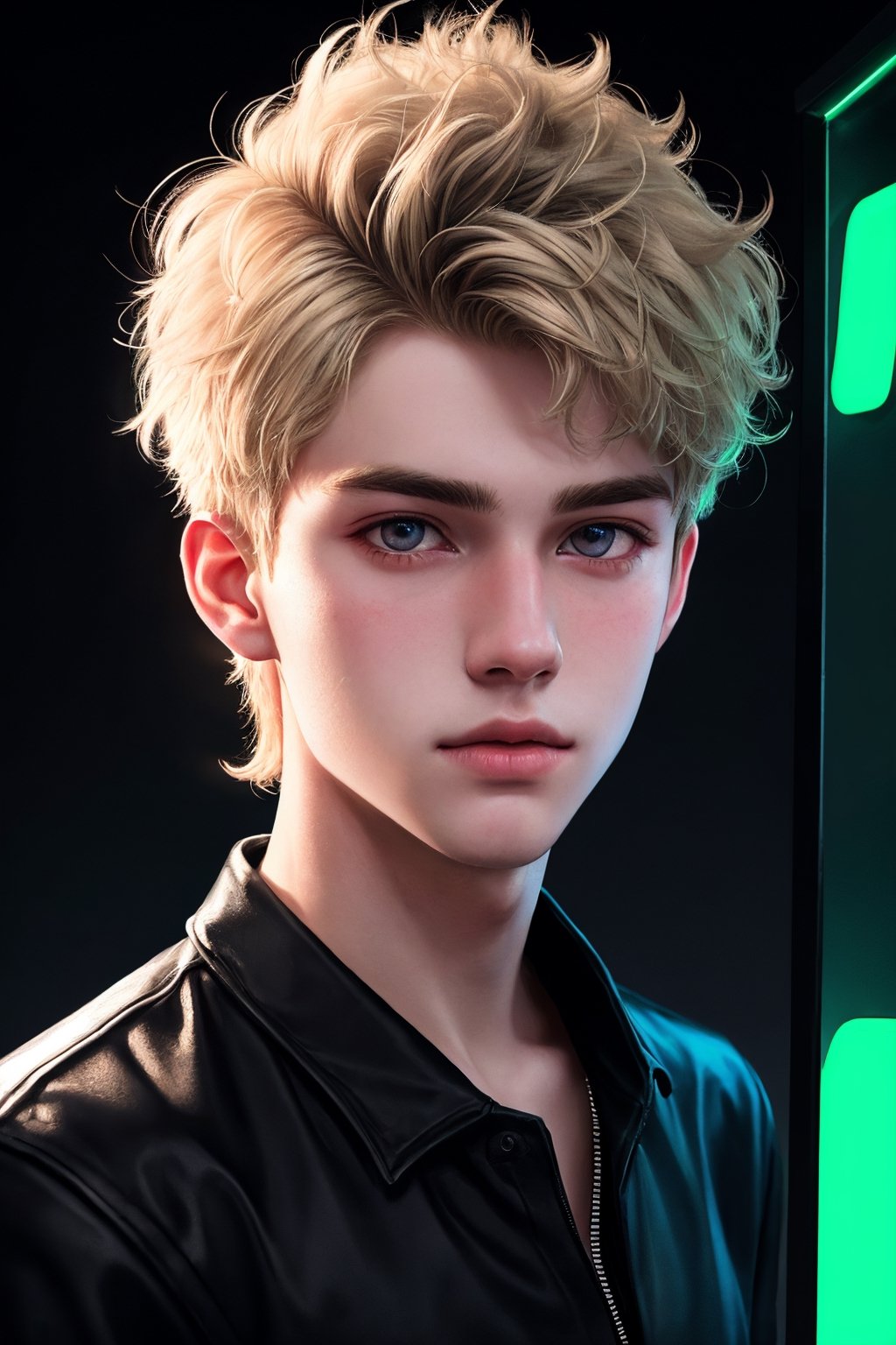 Realistic portrait, (Pale 20-year-old male:1.1), Curly blonde hair, Short sides, Long front, Gray eyes, Stylish black attire, (Neon light reflection:1.2), Ethereal glow, Mysterious allure.