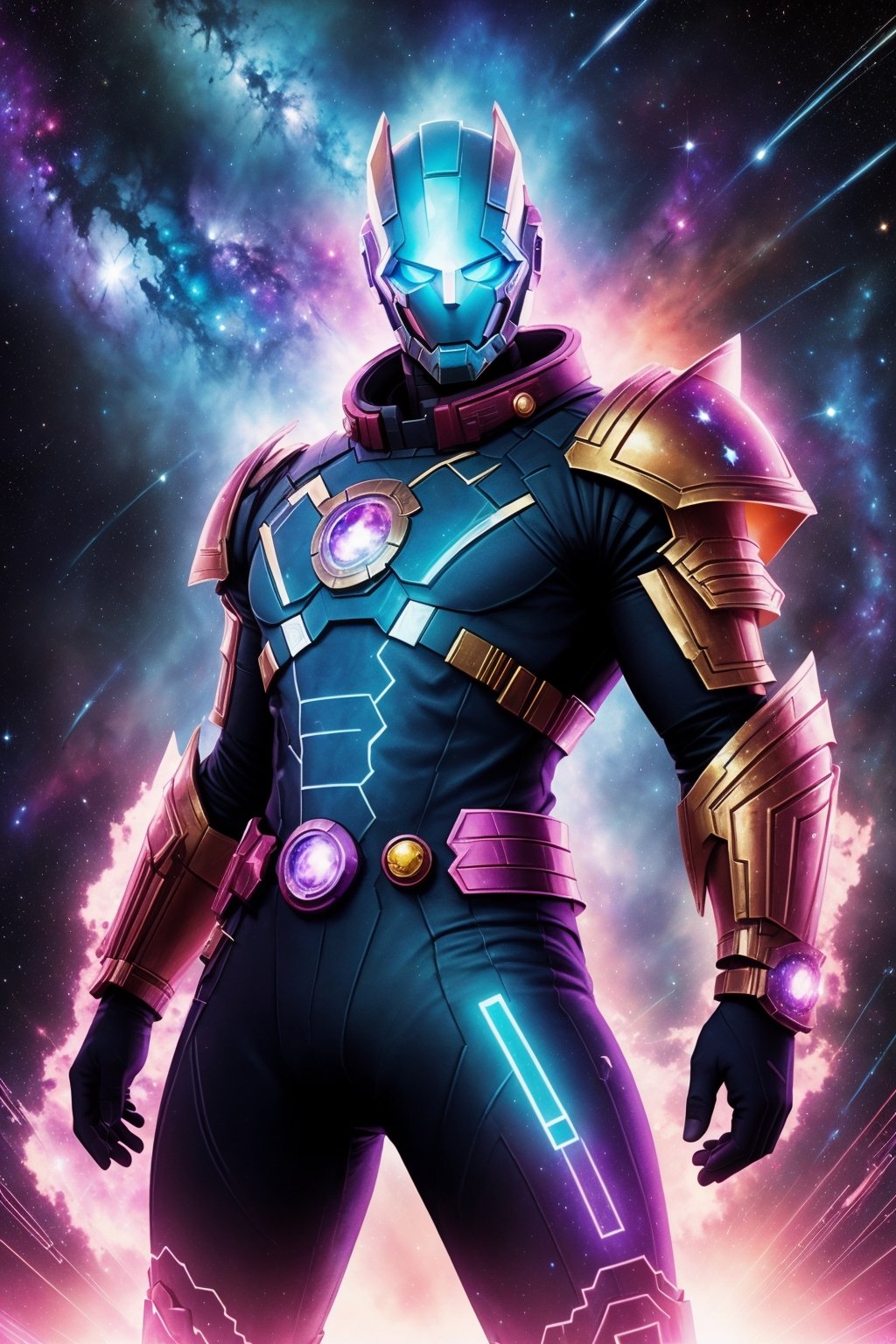 Expansive 3D rendering, (Futuristic and cosmic vibes:1.3), BREAK, (Inspired by Jack Kirby:1.3), Nebula-filled expanse, Shimmering cosmic armor, Heroic stance, (Guardian of the Universe:1.2), Epic battlecry, BREAK, (A cosmic sentinel:1.3), Celestial battlefield, Energy beams, Galactic nemesis, (Defending the cosmos:1.2), Unyielding determination.