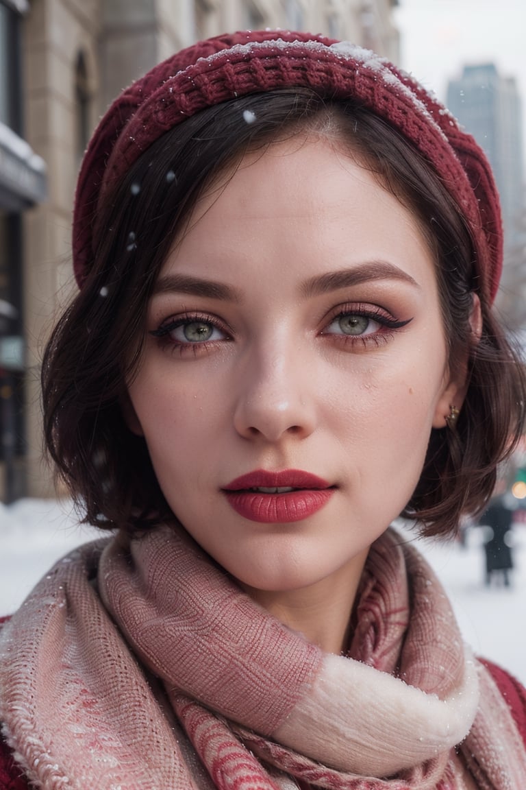 photo of a woman, elliek:0.99,((short hair):1.2), ((pale skin)), (closeup, portrait),((outdoors, city, snow):1.2),((red lipstick,heavy eyeliner, heavy eye shadow, blush):1.2), ((warm hat, scarf), ((best quality, masterpiece, extreme details, high resolution):1.2),((detailed eyes, beautiful eyes, detailed face, beautiful face):1.2), smiling