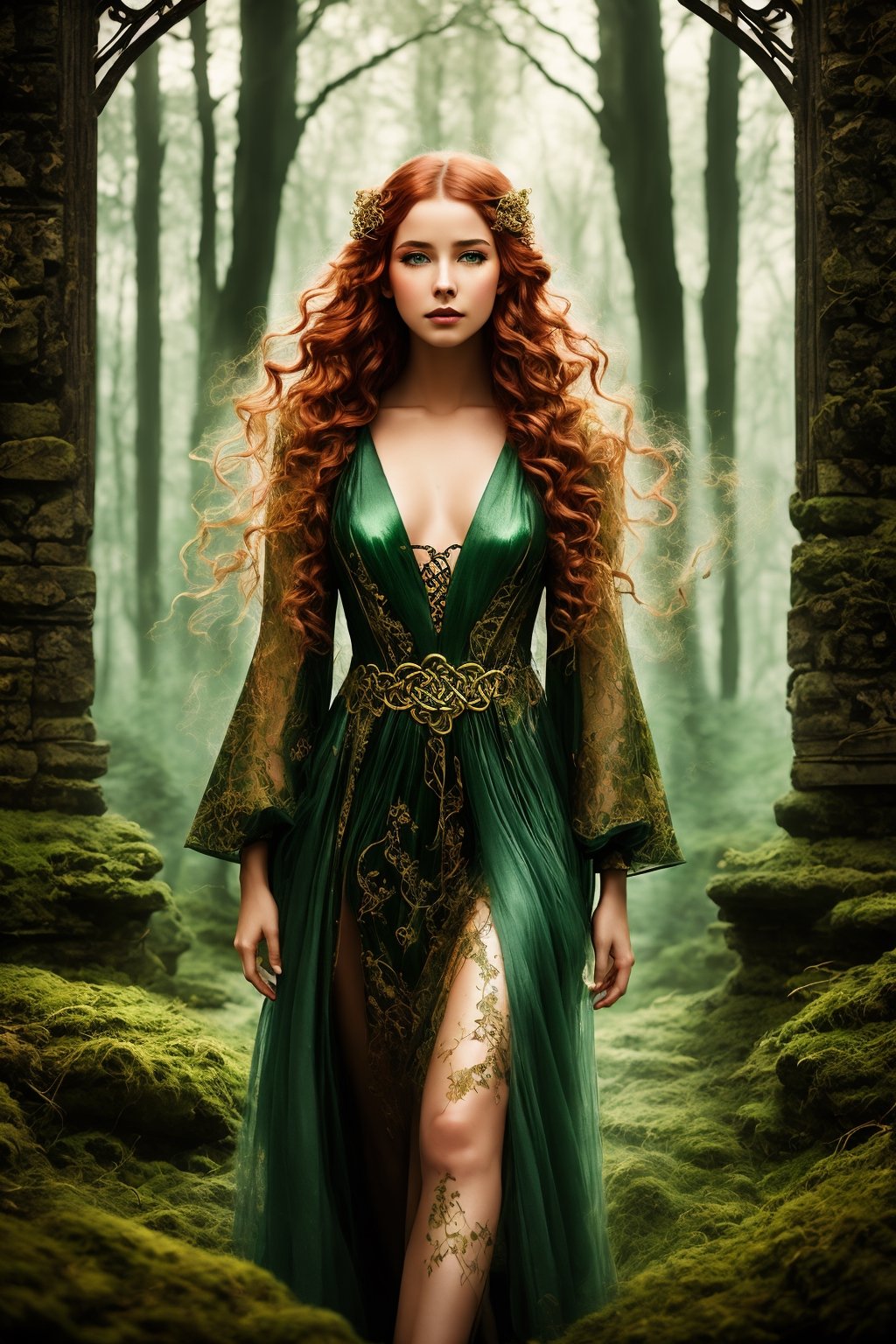 Celtic witch Woman, Stone Ruins, magic, Flowing green and gold Dress with Celtic Knot Jewelry, her hair is made of fire flames, flaming magical hair, Procreate, magical, movie Poster Design, Ethereal Art, Mysterious, Serene Expression, Enchanting Atmosphere, bokeh, dark, dynamic action, dreamy, dark vignetting, light leaks, ethereal, coarse grain photo