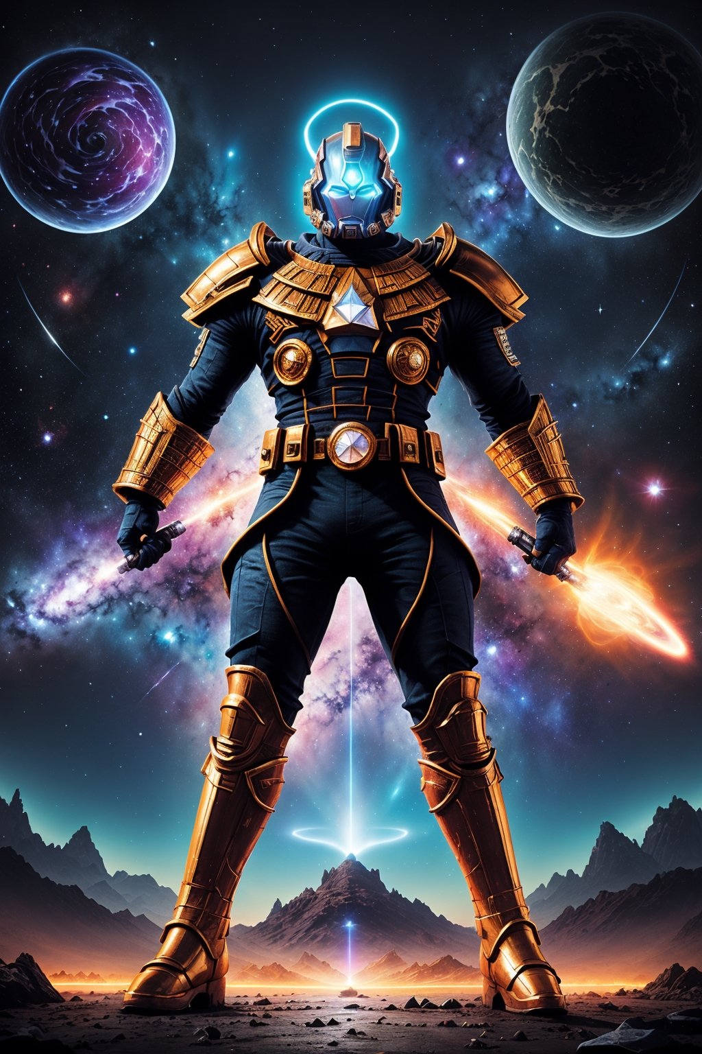 Expansive 3D rendering, (Futuristic and cosmic vibes:1.3), BREAK, (Inspired by Jack Kirby:1.3), Nebula-filled expanse, Shimmering cosmic armor, Heroic stance, (Guardian of the Universe:1.2), Epic battlecry, BREAK, (A cosmic sentinel:1.3), Celestial battlefield, Energy beams, Galactic nemesis, (Defending the cosmos:1.2), Unyielding determination.