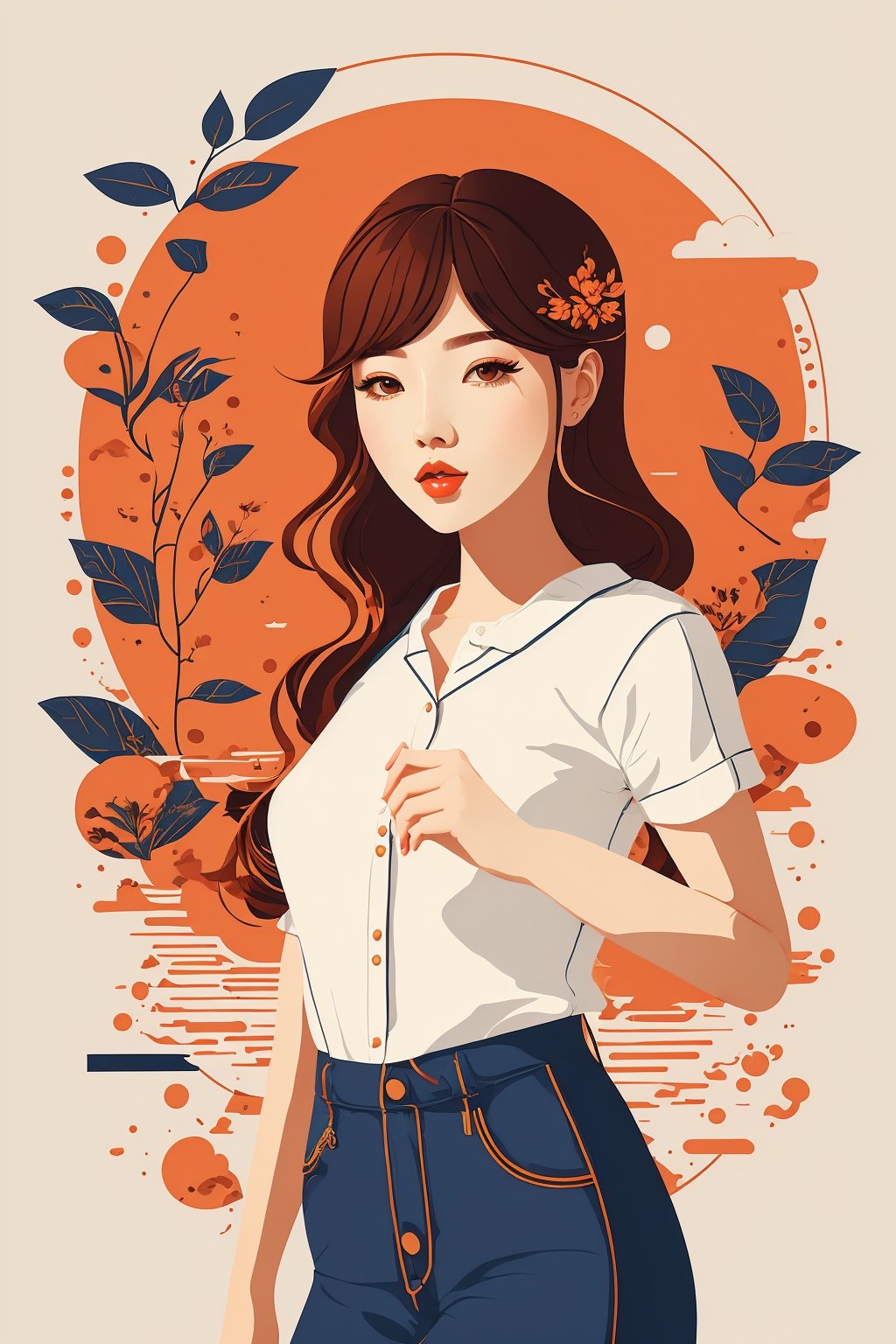 flat, illustration design, flat design of woman with all landscape nature background illustration, in studio of pierrot, vibrant colors, creative illustration scene, flat illustration design, detailed face of korean women