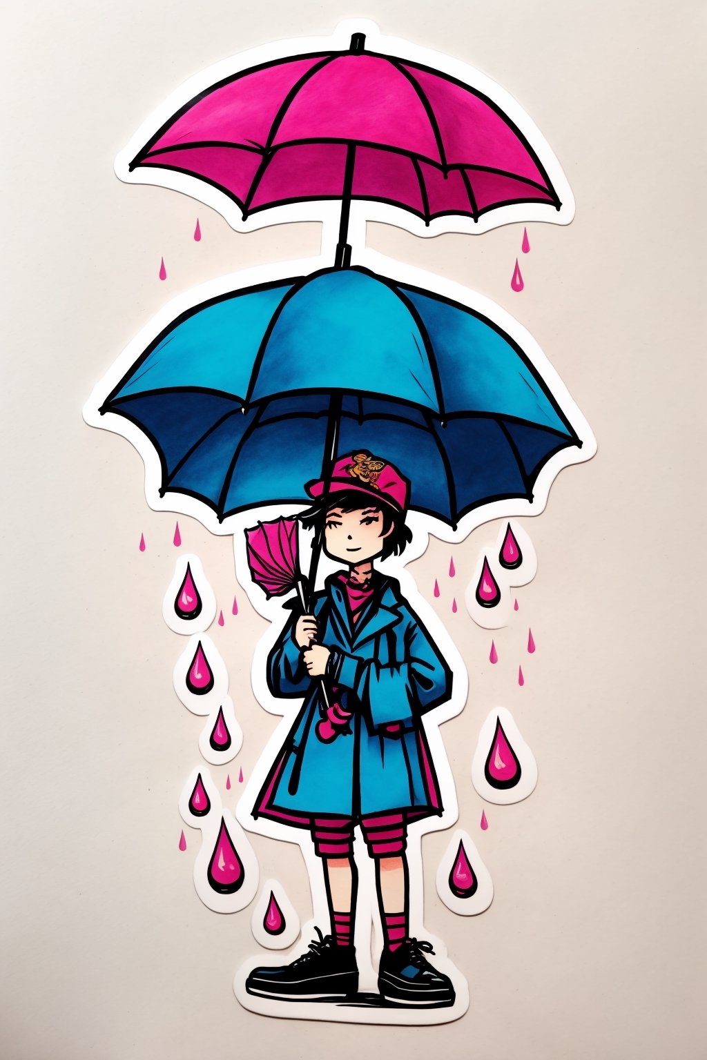 Tattoo drawing of a ghost holding pink umbrella in a rainstorm. Include rain and lightning. In the style of Sailor Jerry. American traditional tattoo. Sticker with outline.