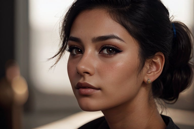 closeup photography of a girl, dark hair,ponytail,tan skin,dark makeup,hard shadows, looking straight in the camera,face shot, face_portrait, dramatic shadows,Makeup,Realistic,hyperrealism