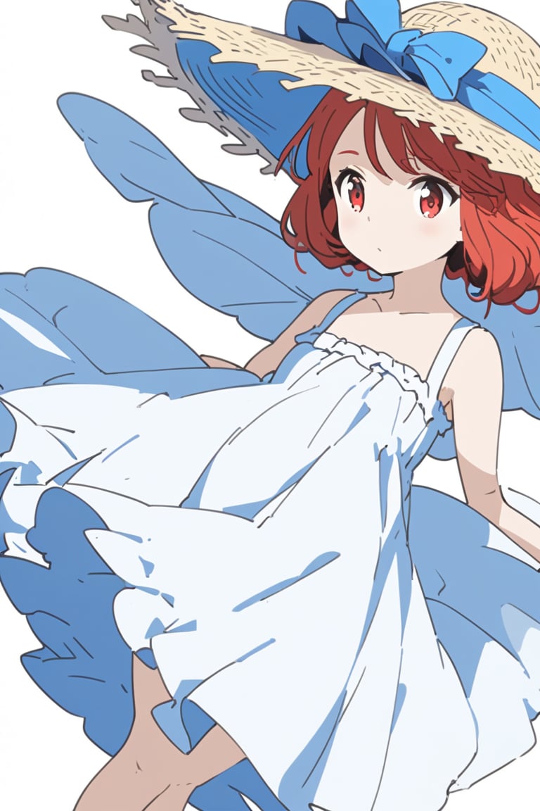 a girl dressed in blue and white has a big hat on her head, 1girl, solo, hat, red hair, dress, white background, red eyes, straw hat, simple background, white dress