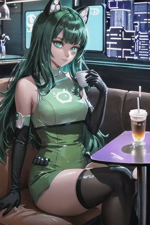 android-chan, green dress, elbow gloves, green thighhighs, long hair, glowing eyes, in a futuristic cafe, sitting at a table, holding a cup of coffee, neon lights, high-tech decor, cyberpunk atmosphere
