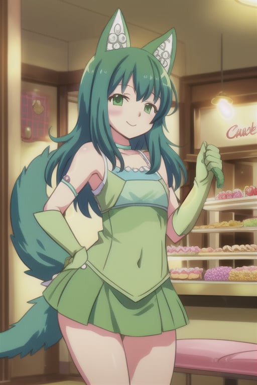 A sweet anime girl, Android-chan, standing in a cozy, brightly lit shop, surrounded by colorful pastries and candies. She wears a green dress with elbow gloves and green thigh-highs, her long tail swaying gently. She has a gentle smile, her eyes sparkling with curiosity. The scene is framed with a slight angle, capturing the warmth of the shop and the inviting atmosphere. The composition highlights her playful pose, with one hand reaching out towards a display of sweets. The lighting is soft and warm, enhancing the vibrant colors of the shop and her cheerful expression.