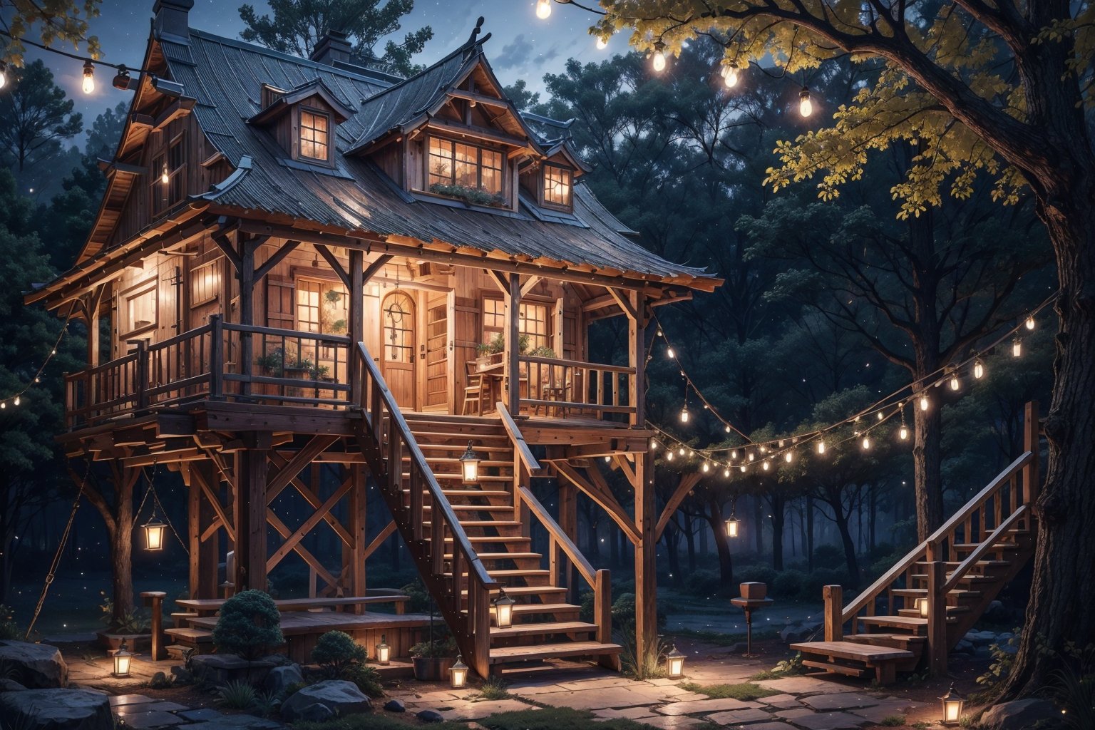 treehouse, 4k, high quality, night, ladder, swing, tree, fireflies