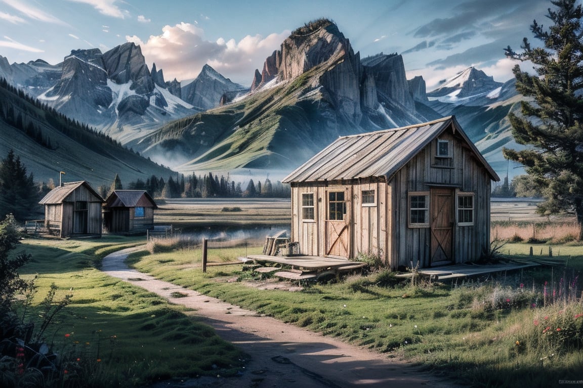 (8k, RAW photo, best quality, masterpiece:1.2), (realistic, photo-realistic:1.37), Shack, shed, valley, mill