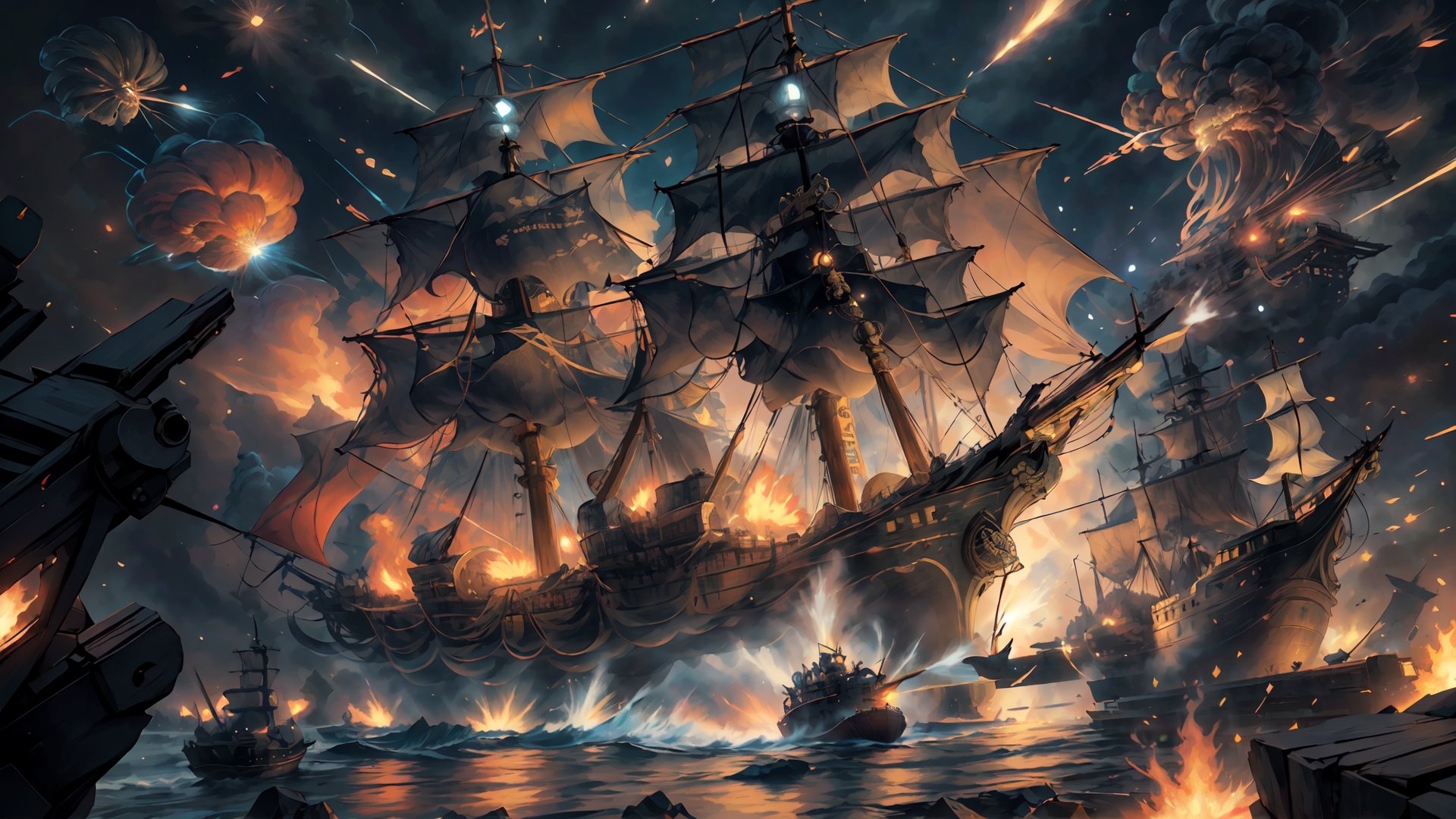 hyper realisitc, 8k, masterpeice, high quality, ((detailed), 2 pirate ships in combat, fire, cannons, action, intense, explosions, active cannons firing, cannon balls in the air