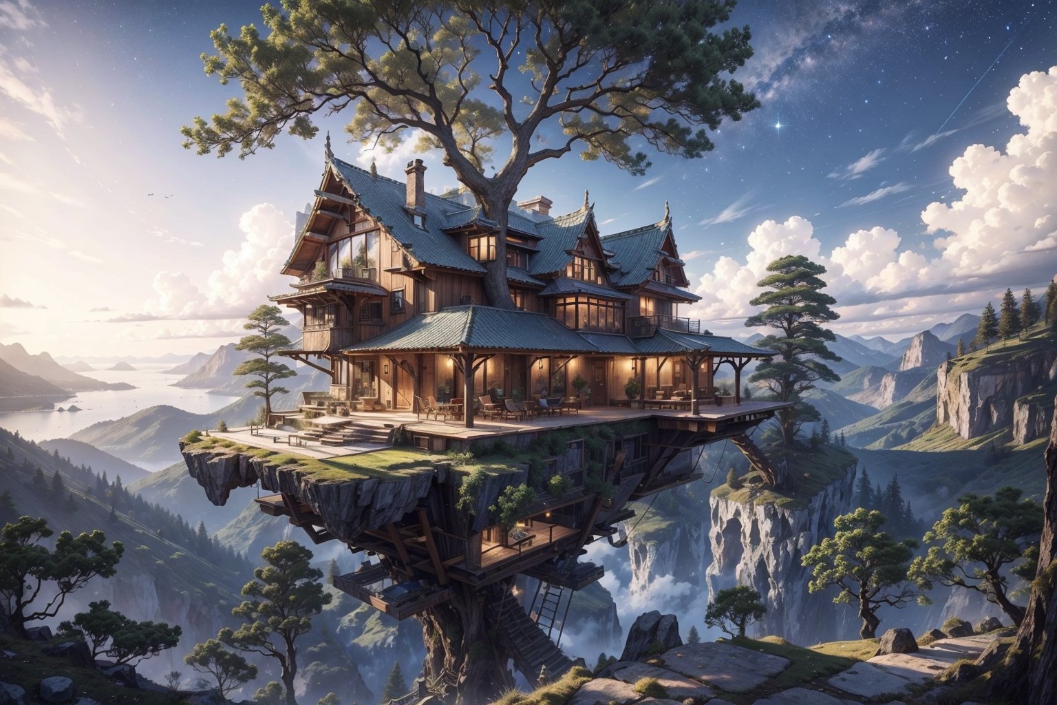 treehouse, 4k, stars, cliff edge, galaxy, large, mansion