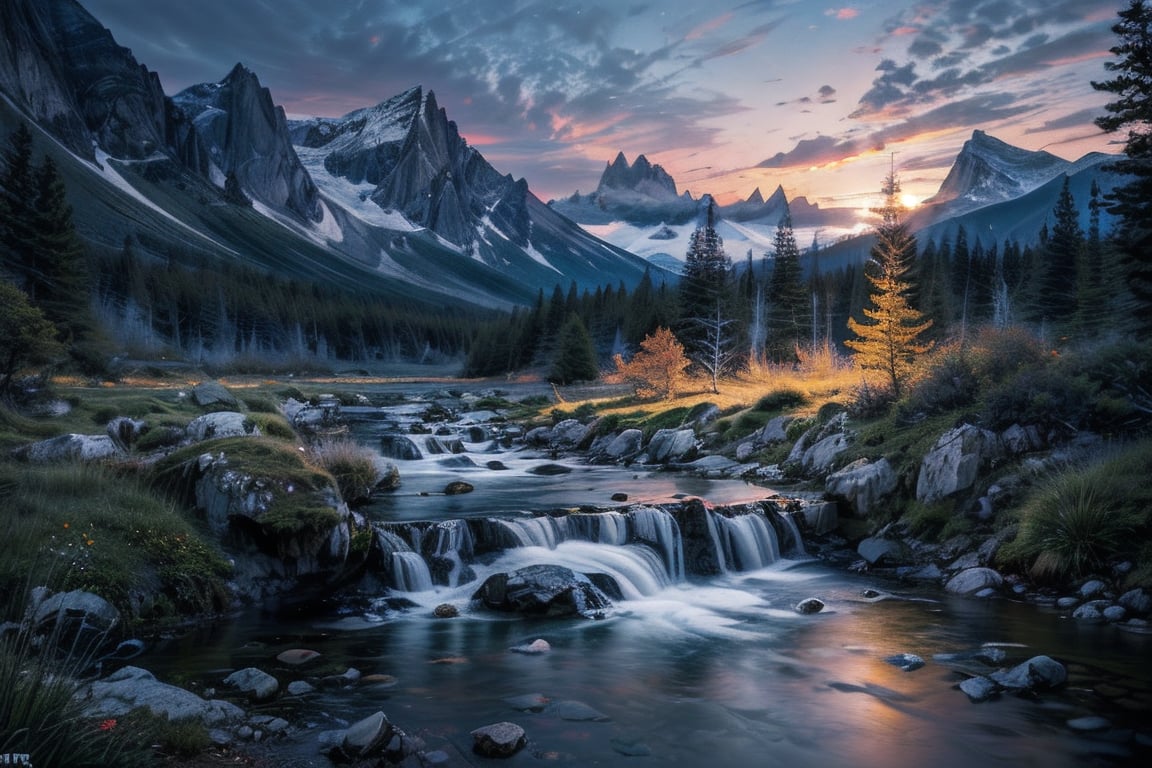 (8k, RAW photo, best quality, masterpiece:1.2), (realistic, photo-realistic:1.37), mountain stream, nightime, 