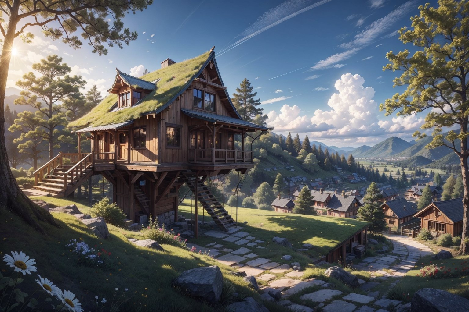 treehouse, 4k, high quality, hills, flowers, sunny, 