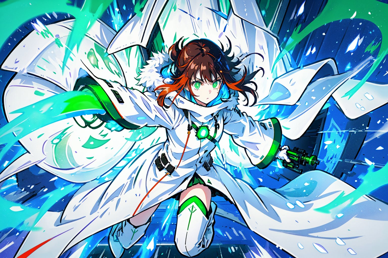 1girl, glowing green eyes, long brown hair, white leather coat, long boots, holding a sniper rifel, calm face, motion blur, running, snow storm, openeing eyes wide, ,RED FIRE GREEN FIRE BLUE FIRE PURPLE FIR