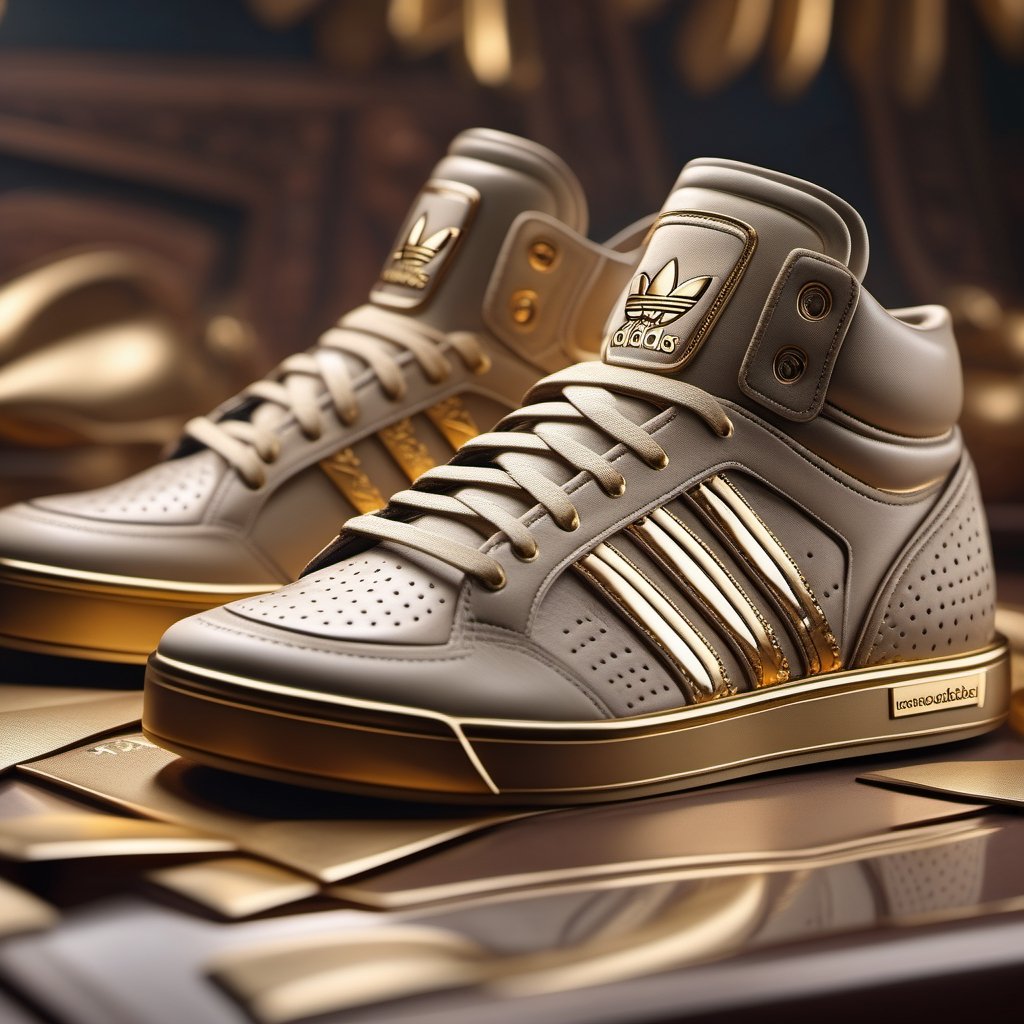 a stunning interpretation of adidas bloomfield shoe sneaker, suede and carved leather and gold, beige colors, advertisement, highly detailed and intricate, hypermaximalist, ornate, luxury, cinematic, cgsociety, Miki Asai Macro photography, close-up, hyper detailed, trending on artstation, sharp focus, studio photo, intricate details, highly detailed, by greg rutkowski