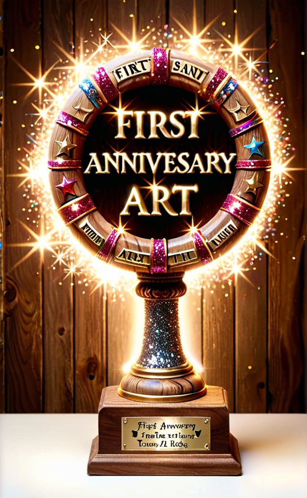  text on ribbon says ((("FIRST ANNIVERSARY"))), text: "tensor art", wooden trophy,glitter,lighting.party