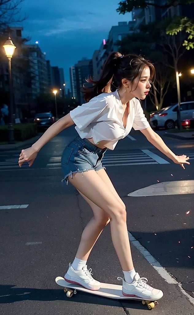 A picture of {Jiso} member of {blackpink} play skateboard in the park, short jean, white sleveless shirt, full body, night scene, street light, cars headlamp,fire_particles, sexy posture, all body looking away, jumping, from_front side_view,4ngel,zzenny_n