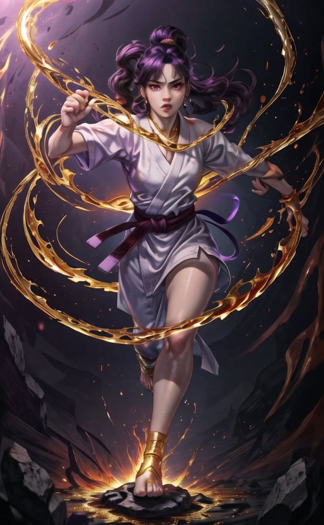 wide_view_angle, a karate woman emerge from lava and melted gold effect rainbow swirl on purple light, red eyes,kicking_pose,Detailedface,arshadArt,lisa,Detailedeyes