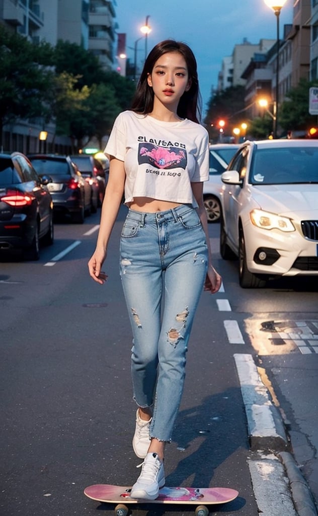 A picture of {Jiso} member of {blackpink} play skateboard in the park, short jean, white sleveless shirt, full body, night scene, street light, cars headlamp,fire_particles, sexy posture, all body looking away, jumping, from_front side_view,4ngel,zzenny_n