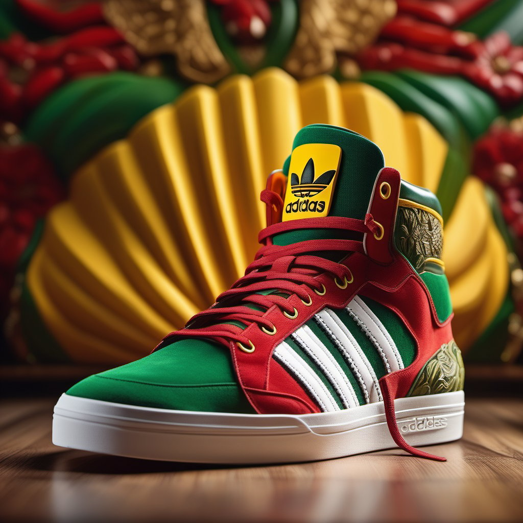 a stunning interpretation of Adidas bloomfield shoe sneaker, suede and carved leather, Rasta colors, advertisement, highly detailed and intricate, hypermaximalist, ornate, luxury, cinematic, cgsociety, Miki Asai Macro photography, close-up, hyper detailed, trending on artstation, sharp focus, studio photo, intricate details, highly detailed, by greg rutkowski