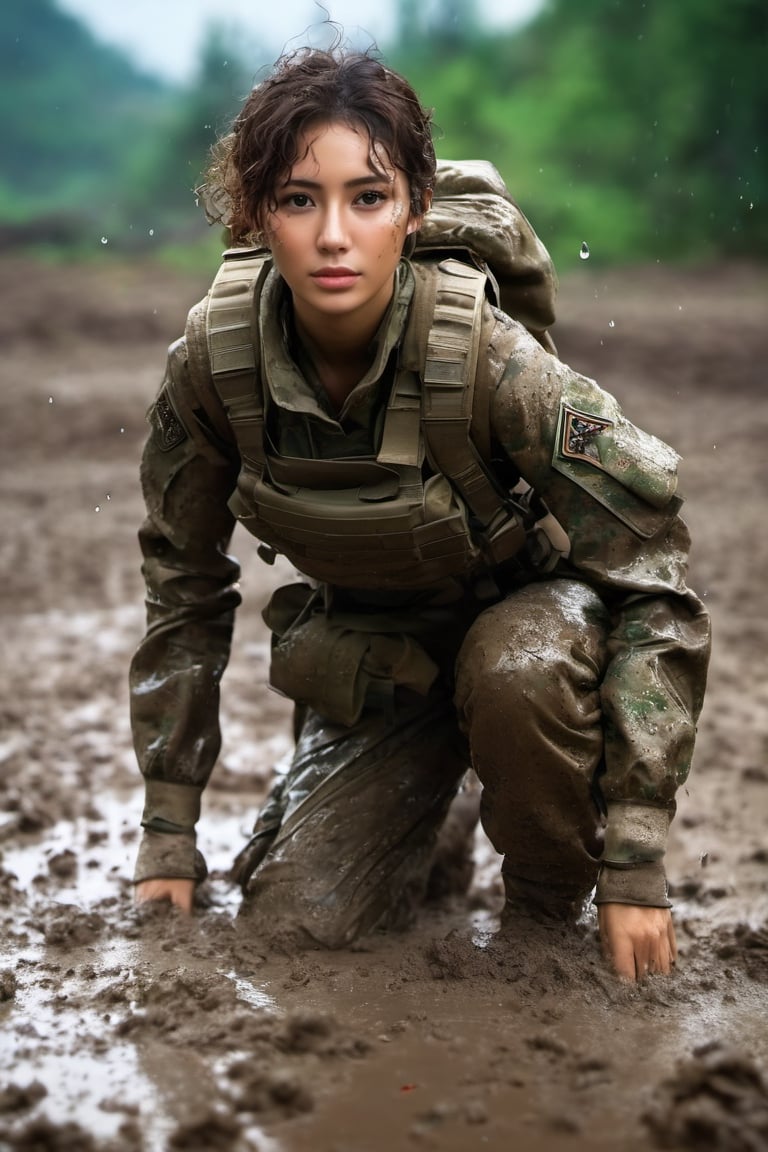 female soldier falls in the mud, crawling, her army clothes were torn and had holes, her face covered in mud, wounds, puddles of mud, battlefield, war, explotion, body, full body, symmetry, nature, subsurface scattering, translucent mod skin, rainy, Bioluminescent rain drop, light_particles, sexy posture, brown eyes, brown curly hair, all body,b3rli,xxmix_girl