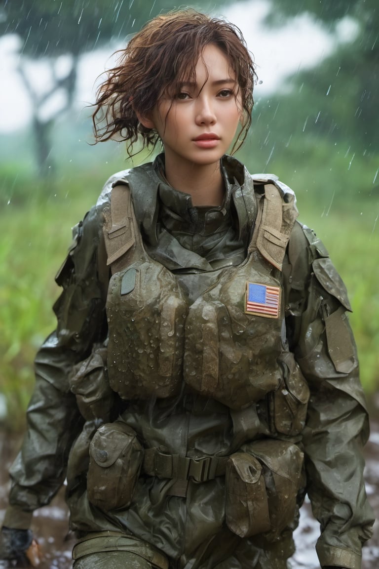 female soldiers hit by grenades that fell in the mud, soldiers' clothes torn and holes, mud puddles, battlefield,body, full body, symmetry, nature, subsurface scattering, translucent mod skin, rainy, Bioluminescent rain drop, light_particles, sexy posture, brown eyes, brown curly hair, all body,b3rli,xxmix_girl