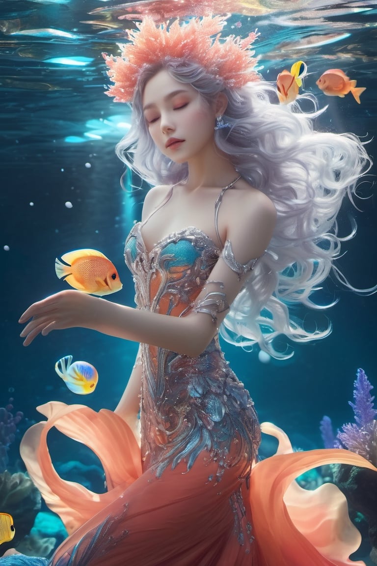 the glass beautiful mermaid, air bubble, coral garden, under water,body, full body, symmetry, nature, subsurface scattering, transparent, translucent skin, glow, bloom, Bioluminescent liquid,3d style,cyborg style,Movie Still,Leonardo Style, cool color, vibrant, volumetric light,colorful hair,fire, water, ice, lightning, light_particles, ghost, perfect body, five fingers, perfect hands, anatomically perfect body, sexy posture, silver hair, curly hair, ice crown, embroidered cap, queen, angel, god