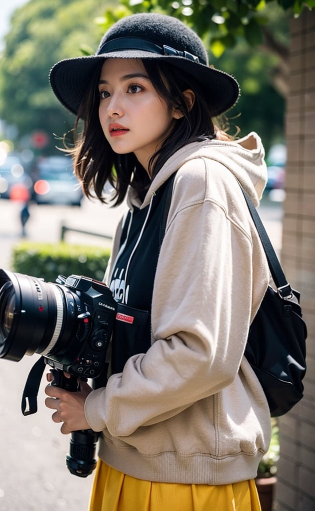 a photo portrait of a paparazzi doing spionase, behind the tree, holding a tele camera, looking away, wearing black hoodie sort skirt and black hat, she ready to shot, photographer posture, dynamic pose, brown eyes, short brown curly hair