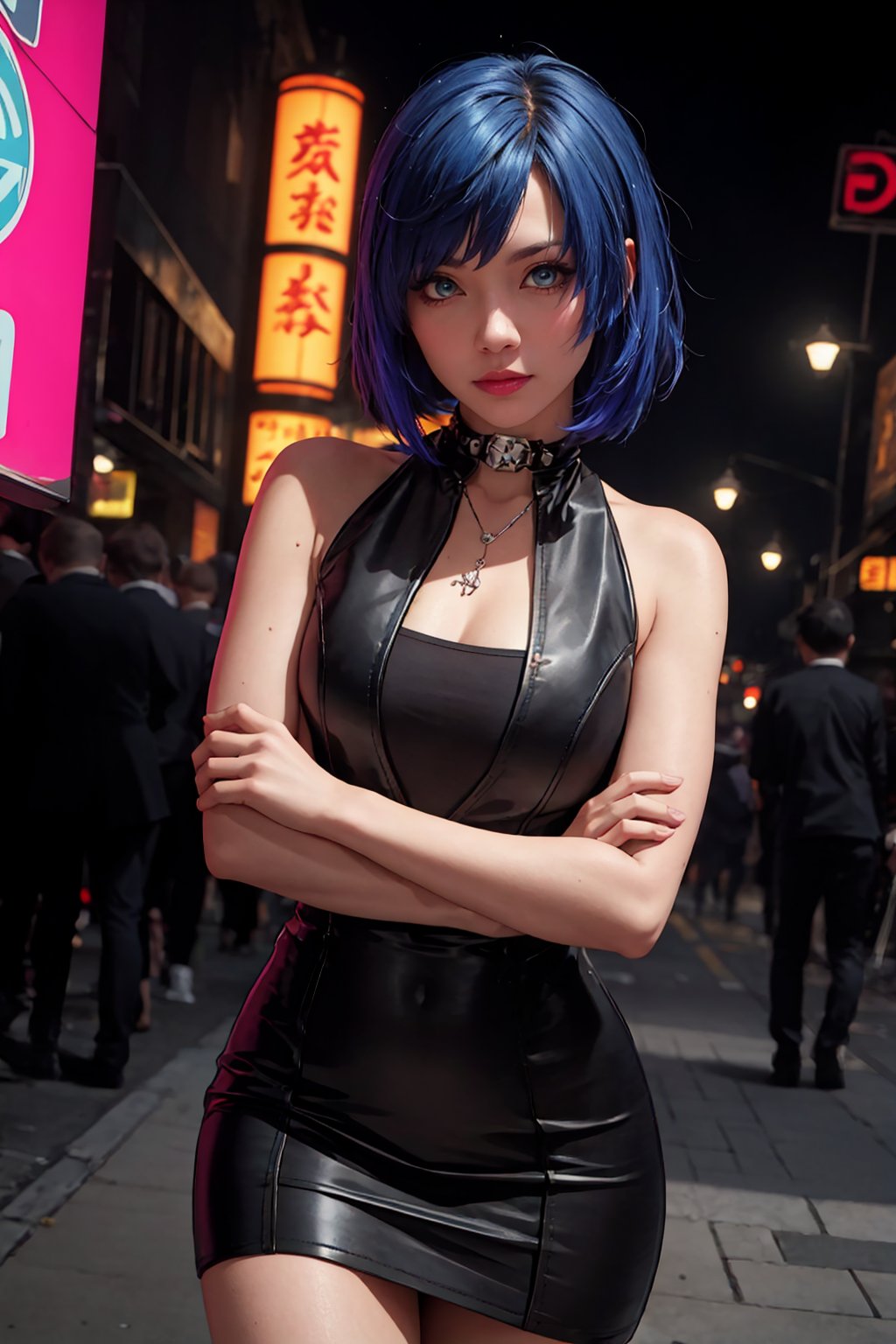 masterpiece, best quality, (detailed background), (beautiful detailed face, beautiful detailed eyes), absurdres, highres, ultra detailed, masterpiece, best quality, detailed eyes, frown, green_eyes, blue hair, crossed_arms, folded arms, blue green tight dress high collar, ,asian girl, upper body, sexy pose, alluring, erotic pose, seductive, kinky, close-fitting clothing, neck bone, at the city , midnight, cyberpunk scene, neon lights, splashes, light particles, electric, dj theme, synthwave theme, (bokeh:1.1), depth of field ,guiltys,yelan_\(genshin_impact\), necklace dice on her chest, sleeveless dark outfit with with a white jacket hanging, heeled shoes, hydro vision hanging