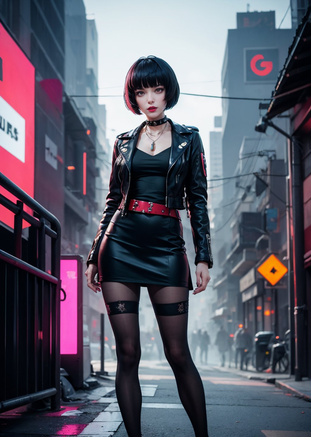 full-body_portrait, female, masterpiece, best quality, perfect anatomy, cyberpunk scene, Tae Takemi, Persona 5 game, blue dark hair, pink lips, neck bone, messy bob cut, midnight, city background, , necklace, choker, leather jacket, black dress, belt, short dress, medium breasts, serious, punk makeup, alluring pose, ripped black tights, looking_at_viewer