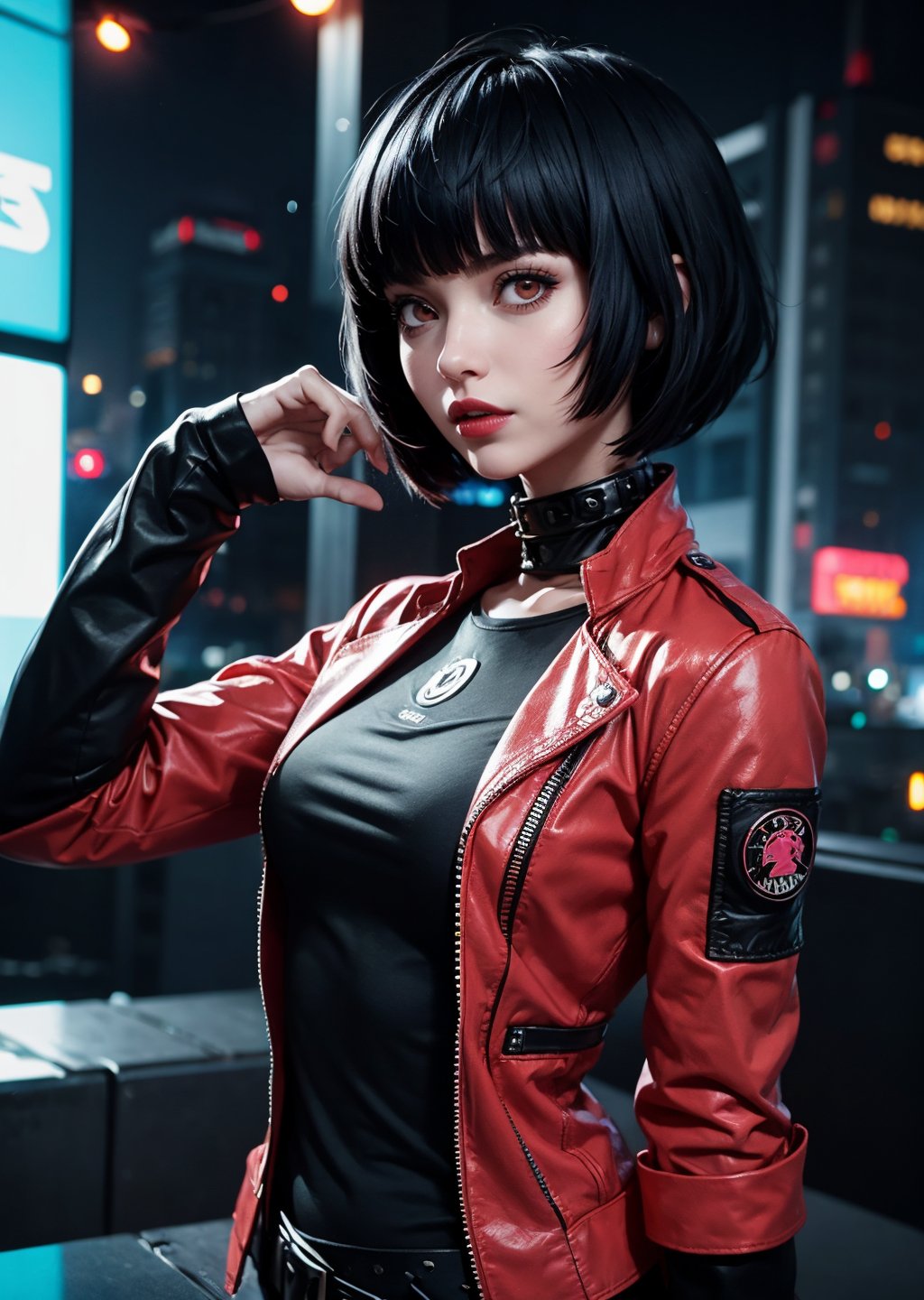 upper body shot,female, woman, wearing casual punkrock clothes ,cyberpunk scene, Tae Takemi, Persona 5 game, blue dark hair, pink lips, punkrock clothes, black punk boots, doctor garb, neck bone, messy bob cut, midnight, city background, alluring pose