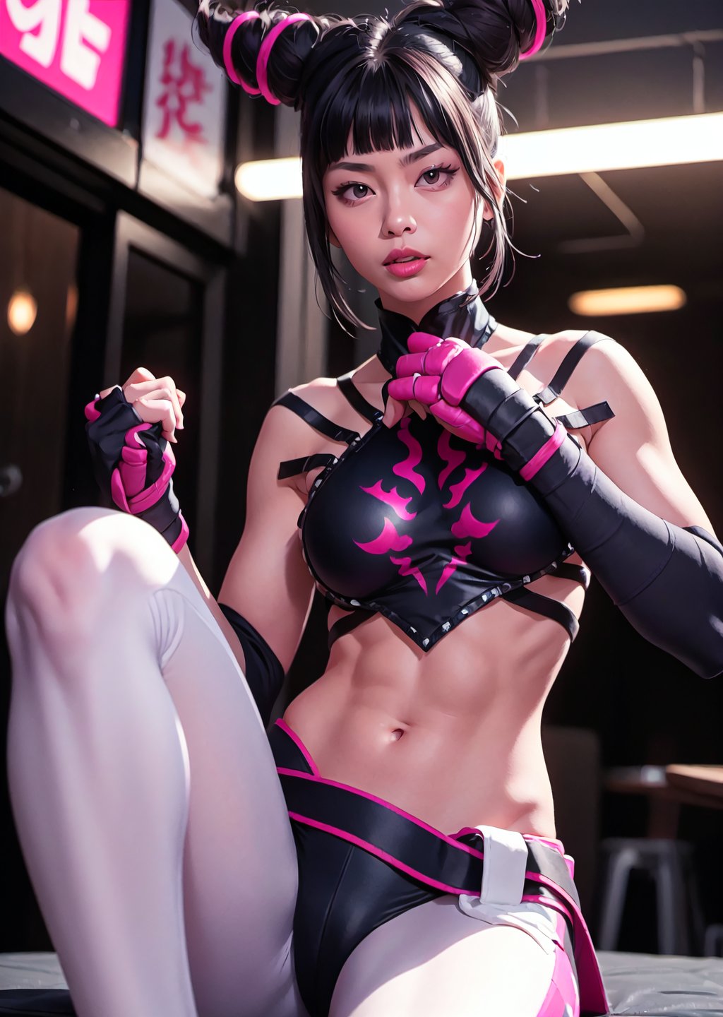 maximum quality, perfect body, 1_girl, pink lips, neck bone, at midnight, at a ring, city lights, korea, parted lips, serious, looking_at_viewer, upper body shot, alluring, sexy pose, sadistic look, fighting pose, marked abs, sticking_out_tongue , wearing Chinese bra-like top, chest supported with eight straps that meet on her back, forming a spider pattern, wears long, baggy, off-white sweatpants, purple tights, long fingerless gloves,  fingernails and toenails are painted bright pink, dark hair styled into two horns on top of her head, which appear to be fastened with pink ribbons, wears Taekwondo foot wraps on her feet,han juri(sf)