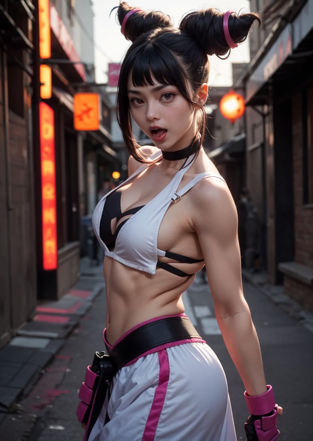 maximum quality, perfect body, 1_girl, pink lips, neck bone, midnight, at a alley, city lights, neon lights, korea, open mouth, serious, looking_at_viewer, upper body shot, from side, alluring, sexy pose, sadistic eyes, fighting pose, marked abs, sticking_out_tongue, tongue out, wearing Chinese bra-like top, chest supported with eight straps that meet on her back forming a spider pattern, wearing long, baggy off-white sweatpants, fingerless gloves,  fingernails and toenails are painted bright pink, dark hair styled into two horns on top of her head, which appear to be fastened with pink ribbons,Taekwondo foot wraps on her feet,han juri(sf)