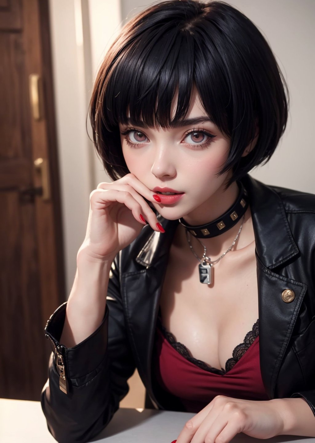 masterpiece, best quality, (detailed background), (beautiful detailed face, beautiful detailed eyes), absurdres, highres, ultra detailed, masterpiece, best quality, detailed eyes, 1_girl, Tae Takemi, Persona 5 game, blue dark hair, pink lips, neck bone, messy bob cut, blunt bangs, brown eyes, red nails polish, short blue dress, panty_hose, short black jacket, red grommet belt, choker, midnight, at theater, model pose, mouth open, close-fitting clothing, pov_eye_contact, upper_body, happy_face, blushing, cleavage, alluring, kinky