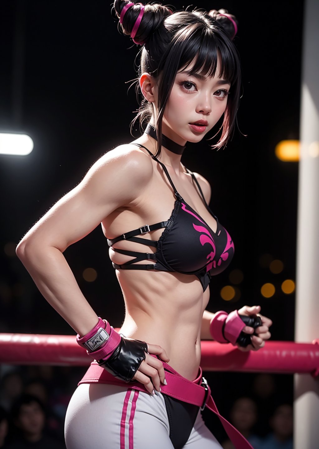 maximum quality, perfect body, 1_girl, pink lips, neck bone, at midnight, at a gym, city lights, korea, parted lips, serious, looking_at_viewer, upper body shot, from side, alluring, sexy pose, sadistic look, fighting pose, marked abs, sticking_out_tongue,, tongue, wearing Chinese bra-like top, chest supported with eight straps that meet on her back, forming a spider pattern, wears long, baggy, off-white sweatpants, purple tights, long fingerless gloves,  fingernails and toenails are painted bright pink, dark hair styled into two horns on top of her head, which appear to be fastened with pink ribbons, wears Taekwondo foot wraps on her feet,han juri(sf)