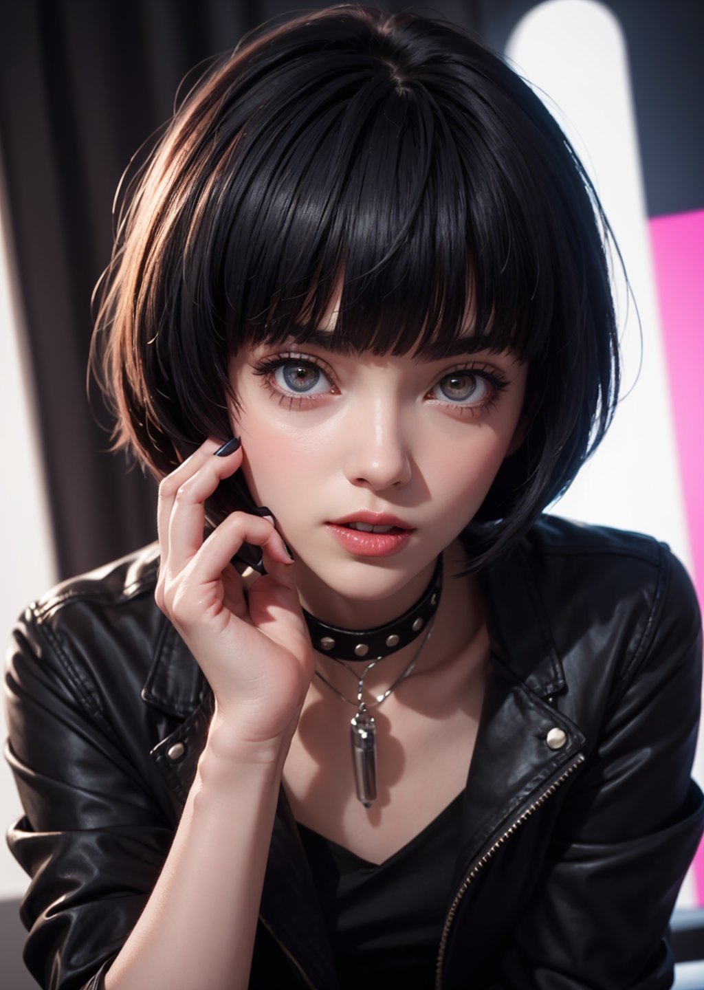 masterpiece, best quality, (detailed background), (beautiful detailed face, beautiful detailed eyes), absurdres, highres, ultra detailed, masterpiece, best quality, detailed eyes, 1_girl, Tae Takemi, Persona 5 game, blue dark hair, pink lips, neck bone, messy bob cut, blunt bangs, brown eyes, red nails polish, short blue dress, panty_hose, short black jacket, red grommet belt, choker, midnight, at theater, model pose, mouth open, close-fitting clothing, pov_eye_contact, upper_body, happy_face, blushing