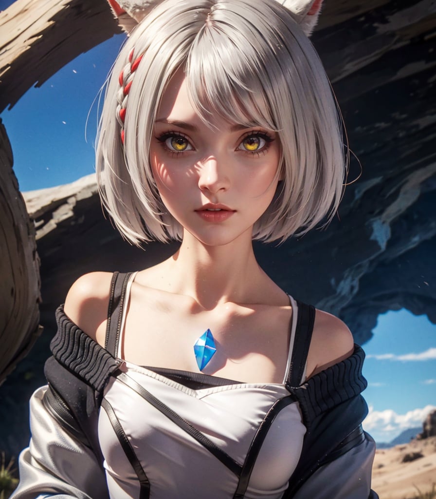 masterpiece, best quality, (detailed background), (beautiful detailed face, beautiful detailed eyes), absurdres, highres, ultra detailed, masterpiece, best quality, detailed eyes, Mio, From Xenoblade, 1girl, animal ears, grey hair, braid, breasts, fingerless gloves, jacket, looking, at viewer, off shoulder, short hair, female_solo, yellow eyes, at a landscape,guiltys