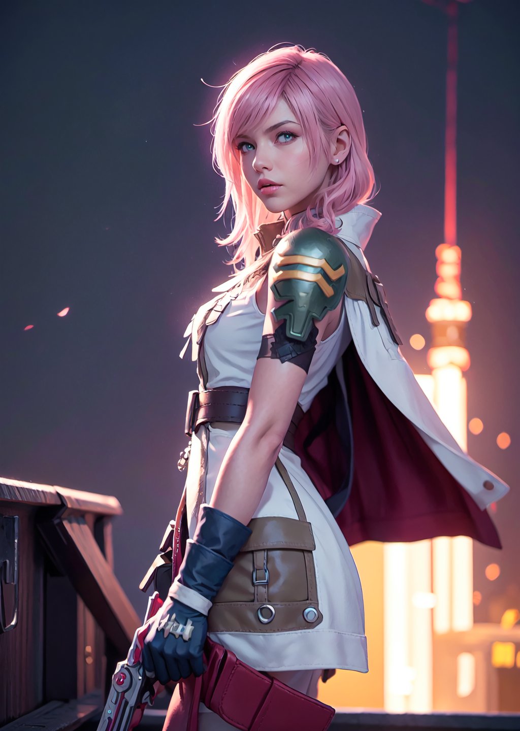 Master Piece, Best quality, full body shot, 1_girl, woman, ,cyberpunk scene, Lightning, Final Fantasy 13 game, Light pink hair, pink lips,, neck bone, midnight, on top of a ship background, small breast, full body, lightning farron, Guardian Corp Uniform, ankle-length red cape attached to the left side of her back, light burgundy leather detachable pocket on her left leg,  green metallic pauldron over her left shoulder bearing yellow stripes, carries her gunblade in a black case that hangs off her belt, wears a necklace with a lightning bolt pendant, expressionless, closed mouth, partied lips, straight nose, from side, looking_at_viewer, fingerless gloves, boots,, erotic pose, cowboy_shot