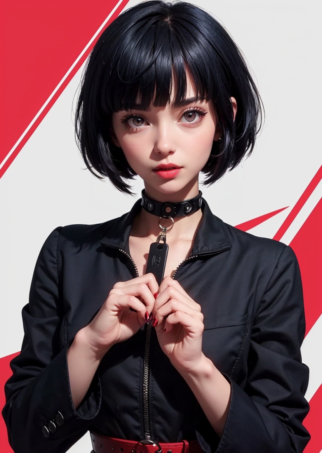 masterpiece, best quality, (detailed background), (beautiful detailed face, beautiful detailed eyes), absurdres, highres, ultra detailed, masterpiece, best quality, detailed eyes, 1_girl, Tae Takemi, Persona 5 game, blue dark hair, pink lips, punkrock clothes, neck bone, messy bob cut, blunt bangs, brown eyes, red nails polish, short blue dress, panty_hose, short black jacket, red grommet belt, choker, midnight, at a cafe background, model pose, mouth open, close-fitting clothing, pov_eye_contact, upper_body, happy_face, blushing